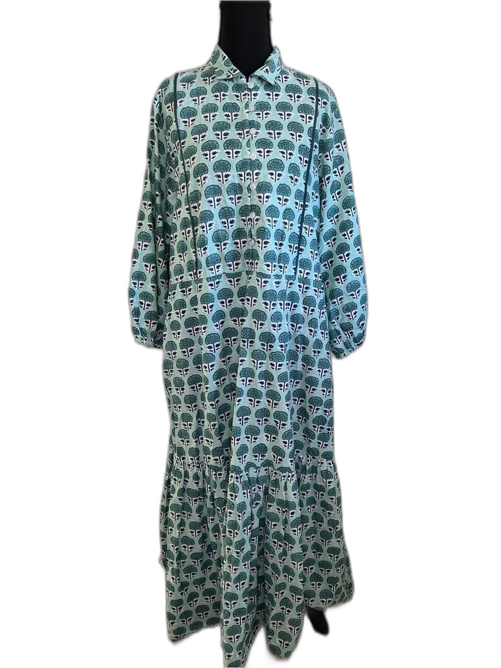 Victoria Dunn Green Blue Block Print Tiered Button Front Cotton Maxi Dress